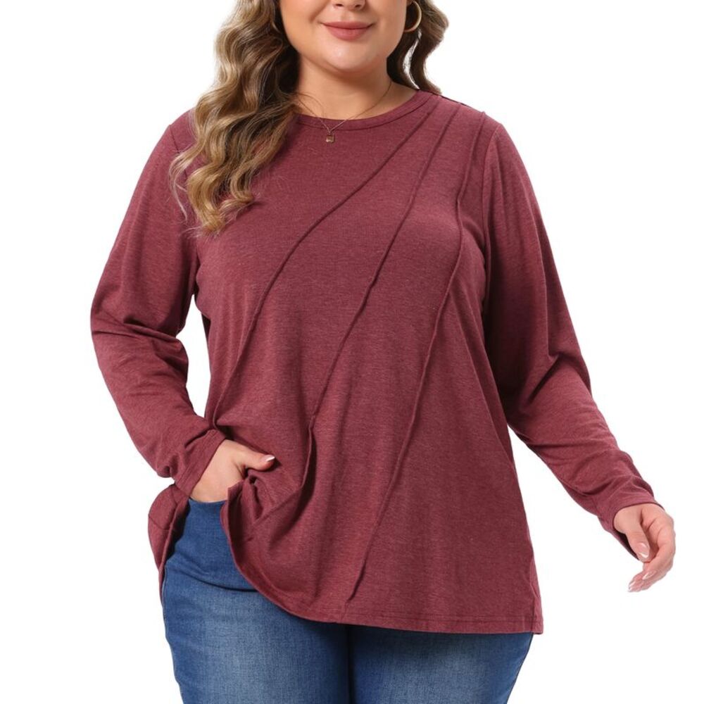 Women Plus Size Crew Neck Long Sleeve T Shirt Top Burgundy